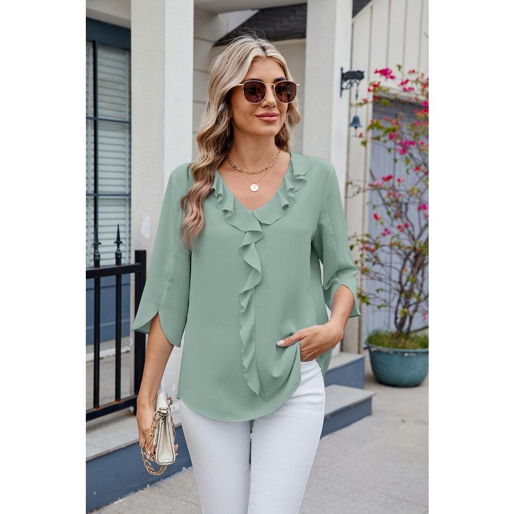 New, Hot-selling, Chiffon Shirt, Medium-sleeved V-neck Pleated Ruffle Edge Loose Women's Top