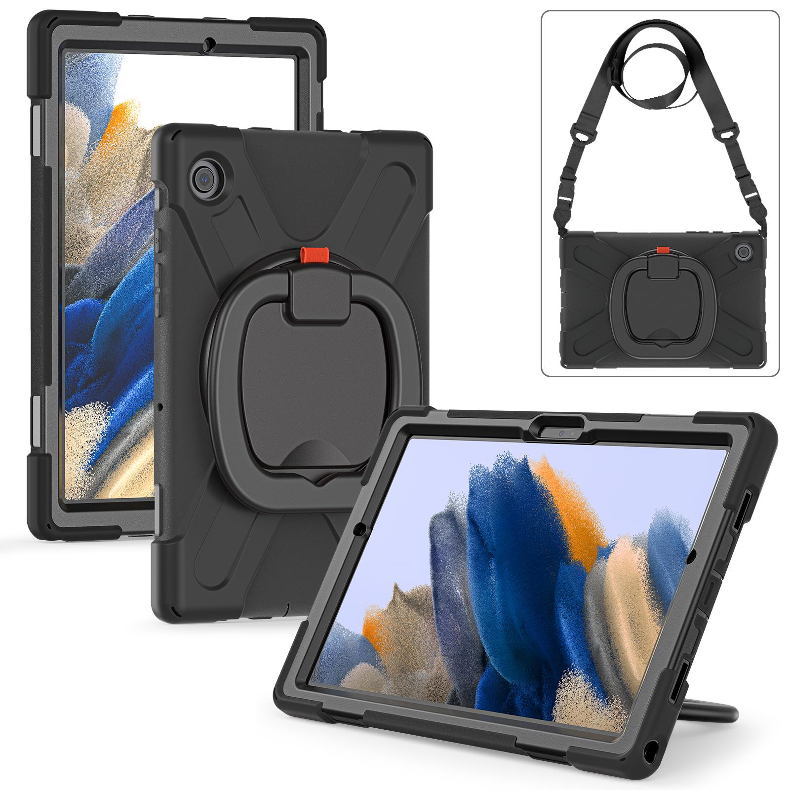 

360 Rotating Kids Case Universal For Samsung Galaxy A8 10.5 2022 2021 SM-X200 SM-X205 SM-X207 Armor Stand Cover Shoulder Strap A8 10.5 SM-X200 X205 чёрный