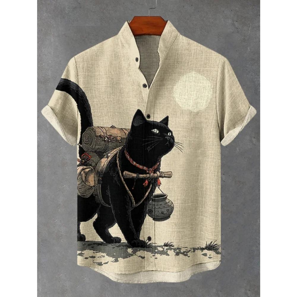 Men's Japanese Retro Art Black Cat Print Shirt Short Sleeve Stand Up Collar Single Breasted Casual Linen Top for Vacation
