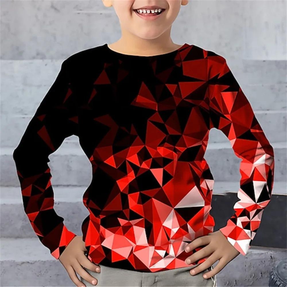 Children's Lightning Geometry 3D Digital Printed Boys' Fun and Fashionable Round Neck Long Sleeve T-shirt