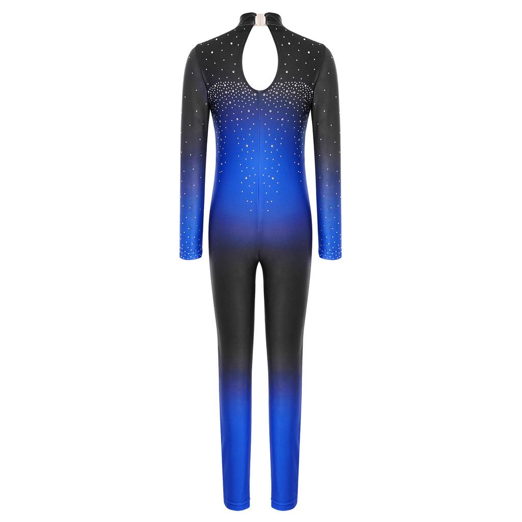 Kids Girls Asymmetrical Rhinestone Ballet Dance Leotard Sheer Mesh Gymnastics Jumpsuit Full Body Suit Figure Skating Dancewear