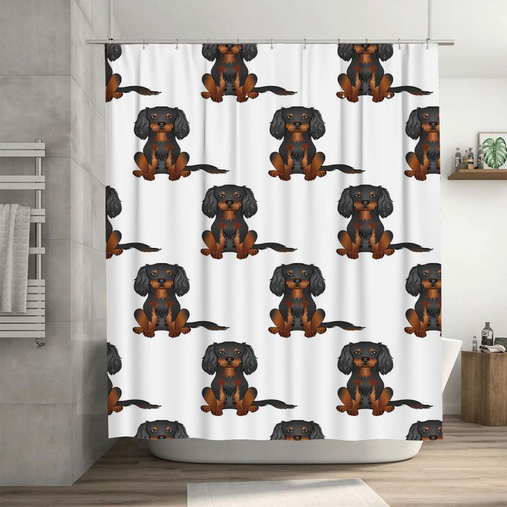 Black and Brown Dog Pattern Shower Curtain Waterproof Fabric Bath Decor Rectangular Shape