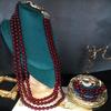 Retro Pomegranate Red Glass Bead Layered Sweater Chain & Rhinestone Necklace Bracelet Set