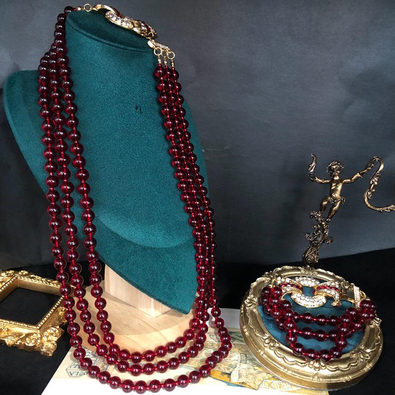 Retro Pomegranate Red Glass Bead Layered Sweater Chain & Rhinestone Necklace Bracelet Set