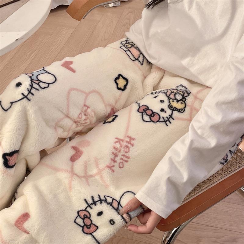 Women's Winter KT Cat Cartoon Flannel Sleep Pants - Thick, Warm, and Cozy for Home