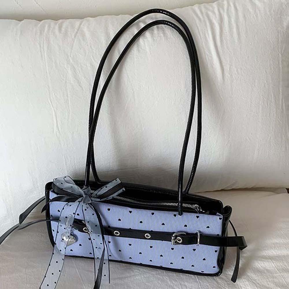 Sweet Blue Shoulder Bag Canvas Stripe Heart Underarm Bags All-match French Stick Handbag  School