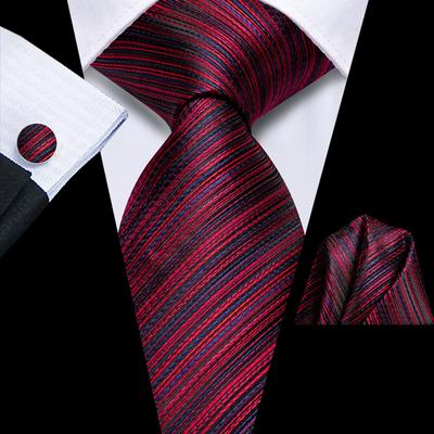 Męskie jedwabne krawaty Czarny czerwony krawat w paski Hankerchief Spinki do mankietów Ślub bal
