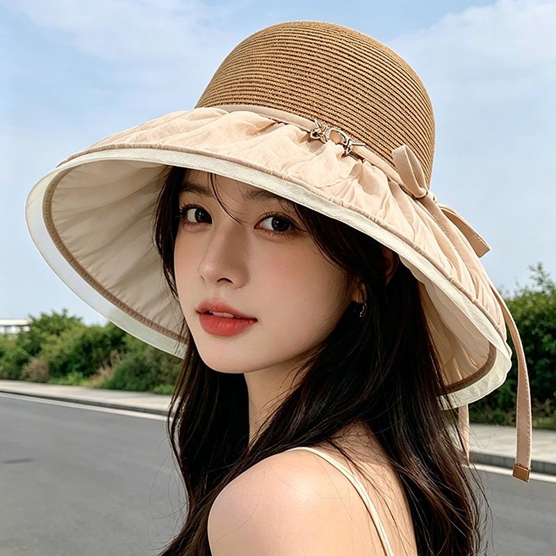 Summer new pleated bow light luxury temperament mesh gauze hat women's outdoor travel versatile big eaves fisherman hat