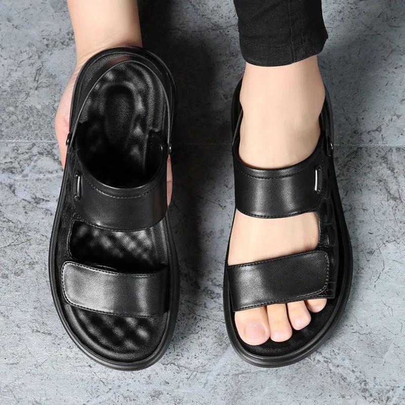 2024 Summer Genuine Leather Shoes Men Sandals Flat Non-slip Soft Holiday Mens Sandals Thick Sole Male Footwear Pure Black D074