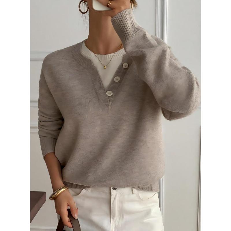 Loose Lazy V Neck Knit Sweater Fake Two Piece Casual Top
