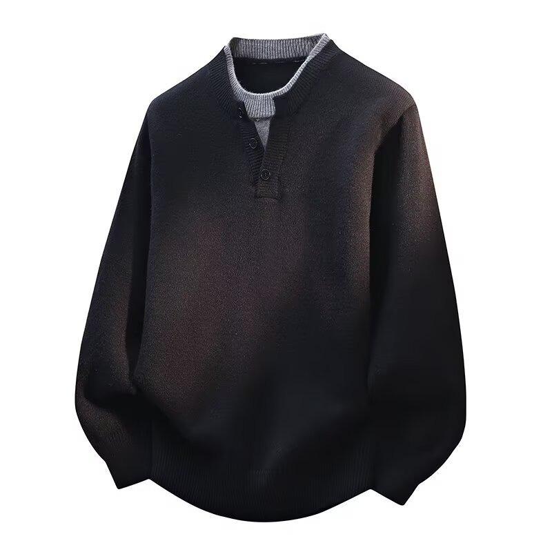 Fake Two Piece V Neck Button Knit Sweater Men Lazy Luxury Autumn Winter