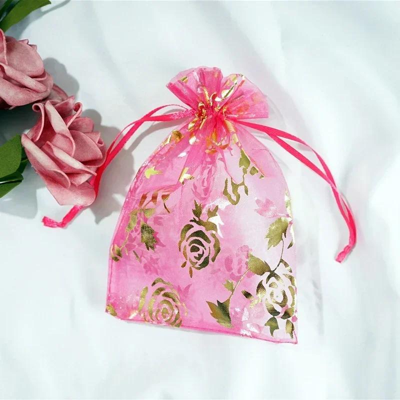 50piece Gold Stamp Rose Pattern Gauze Bag Colorful Pull Rope Self Sealing Storage Bags Candy Gift Accessory Package Jewelry Pouc