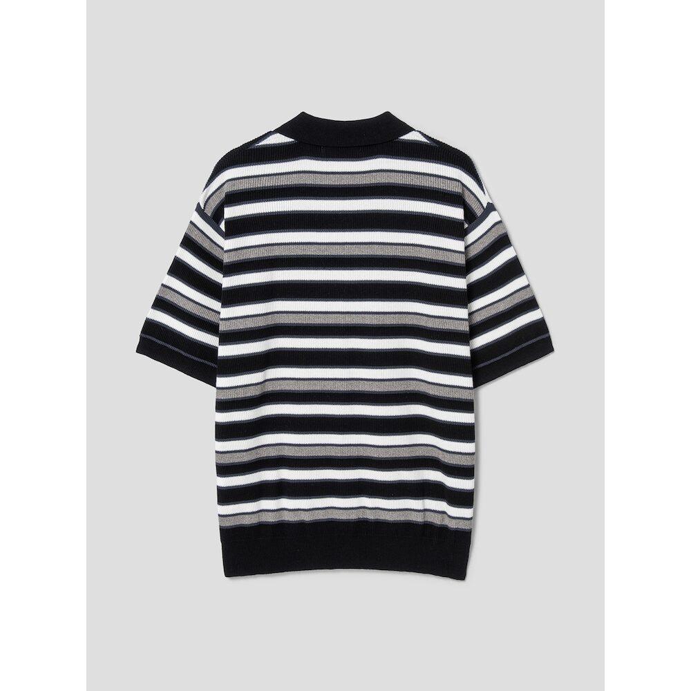 8SECONDS Multi-Stripe Collared Short-Sleeve Knit Black