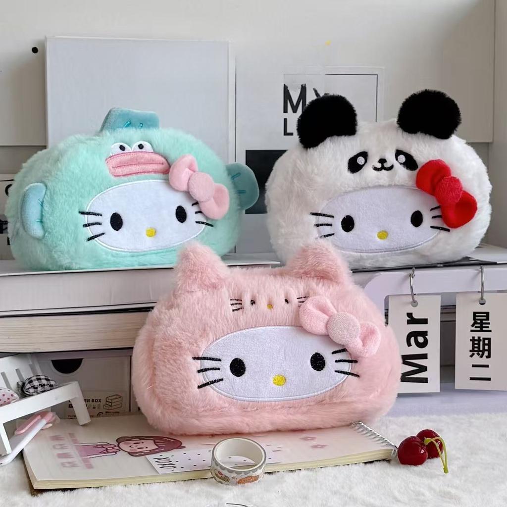 Cute Disguised Hello Kitty Plush Pencil Case Panda Capybara Cartoon Large Capacity Student Stationery Storage Bag High-Value Plu