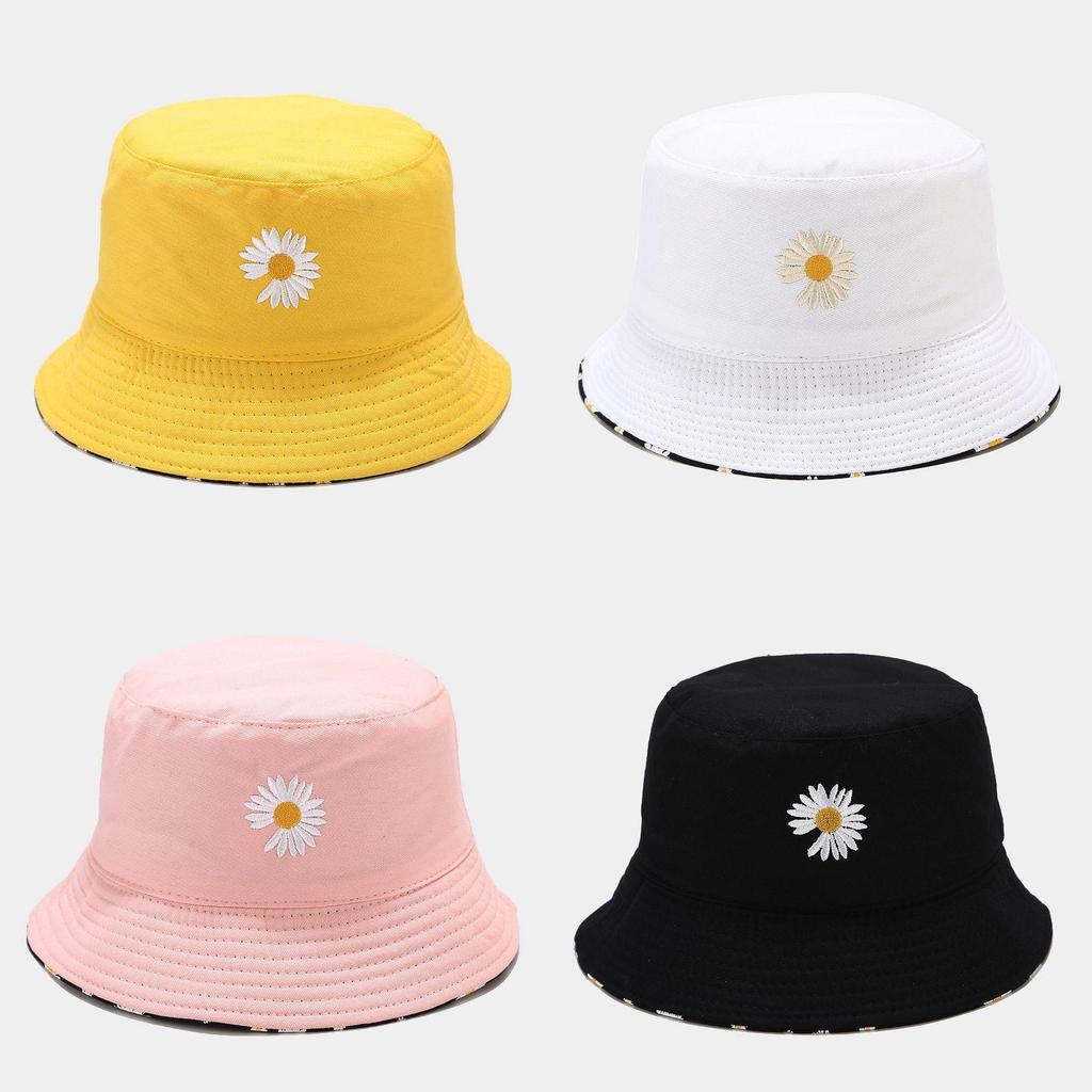 Zweiseitiger Fischerhut im koreanischen Stil mit Gänseblümchen-Print und kurzem Schirm für Frühling und Herbst