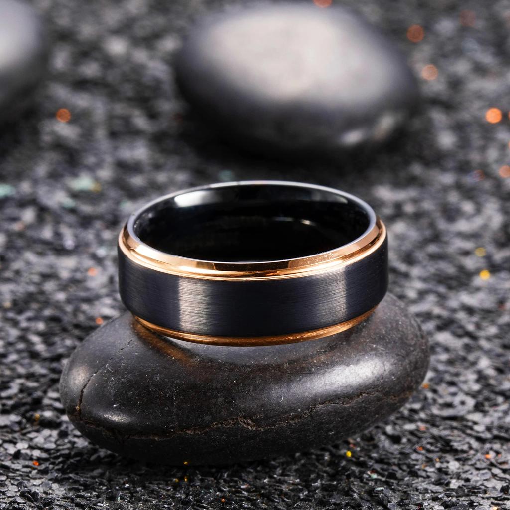 8mm Black Brushed Titanium Stainless Steel Rings for Men Rose Gold Color Step Edge Men Rings Wedding Engagement Jewelry