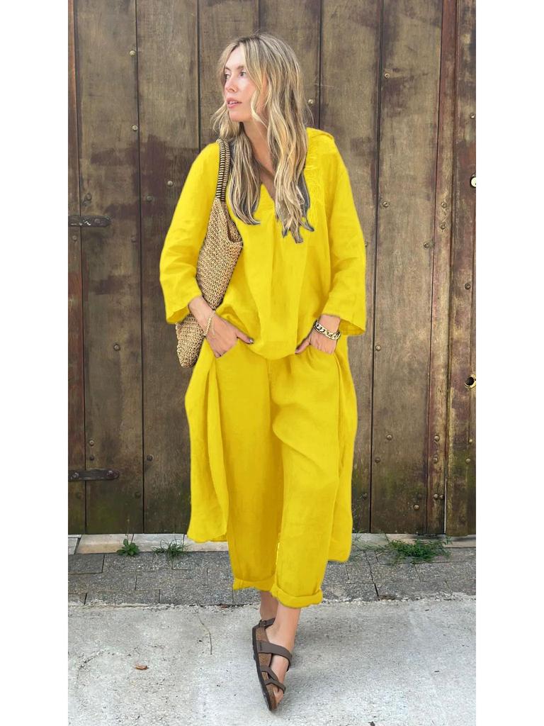 Set da Donna Primavera 2025 Taglie Forti Cotone Lino Set 2 Pezzi: Pantaloni Larghi a Vita Alta & Camicia