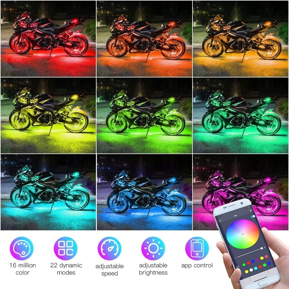 Kairiyard 8PCS Motorcycle Underglow LED Light Kit, App Control Multicolor Motorcycle LED Light Kit Music Sync RGB Strips Light Waterproof Compatible