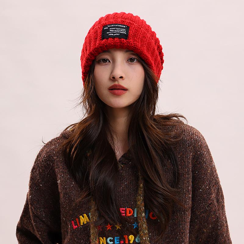 Black hat women's spring and autumn wool hat cold hat big head circumference headgear knitted hat winter warm pile hat men