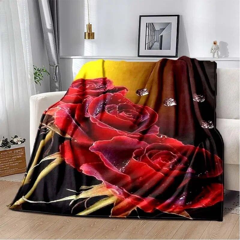 Patterned Red Rose Lightweight Flannel Blanket ,Warm Soft Cozy Blanket Home Decor Birthday Gift For All Season Blanket