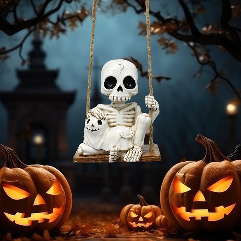 Swing Skeleton Holding Ghost Cat Garden Statue Outdoor Halloween Decor, 3.14 Inch Cute Skull Figurine Resin Sculpture
