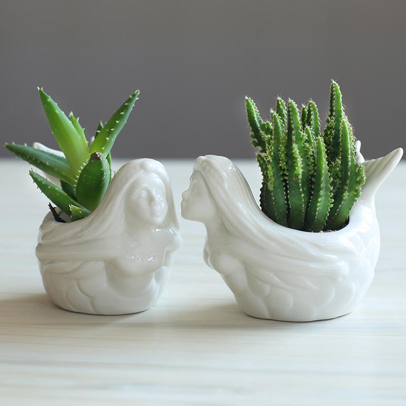 Mermaid Flowerpot Succulent Pot Planter Bonsai Desktop Ornaments Home Office Decor Garden Decoration Ceramic Art Vase Plant Pot