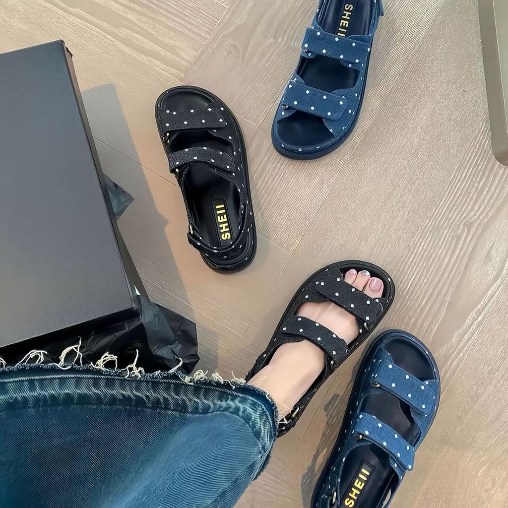 Sheepskin version Su Yinyin Xiaoxiangfeng Velcro leather denim casual platform sandals women's summer wear cool slippers