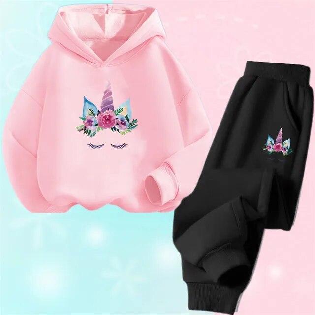 Spring Fall Girls Unicorn Sport Clothing Set Kids Outfits Hoody Sweatershirt Pants Children Fashion Thin Tracksuit