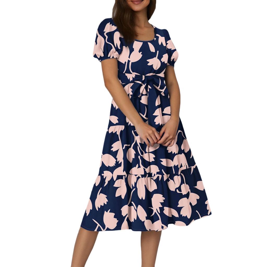 Women's Summer Floral Print Short Sleeves Neck Waistband Bohemian Flowy Maxi Dress With Pockets