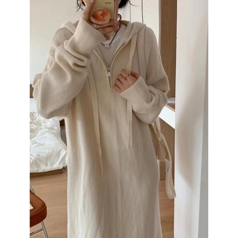 Hooded zipper sweater skirt women's autumn and winter new loose lazy casual thick knitted dress