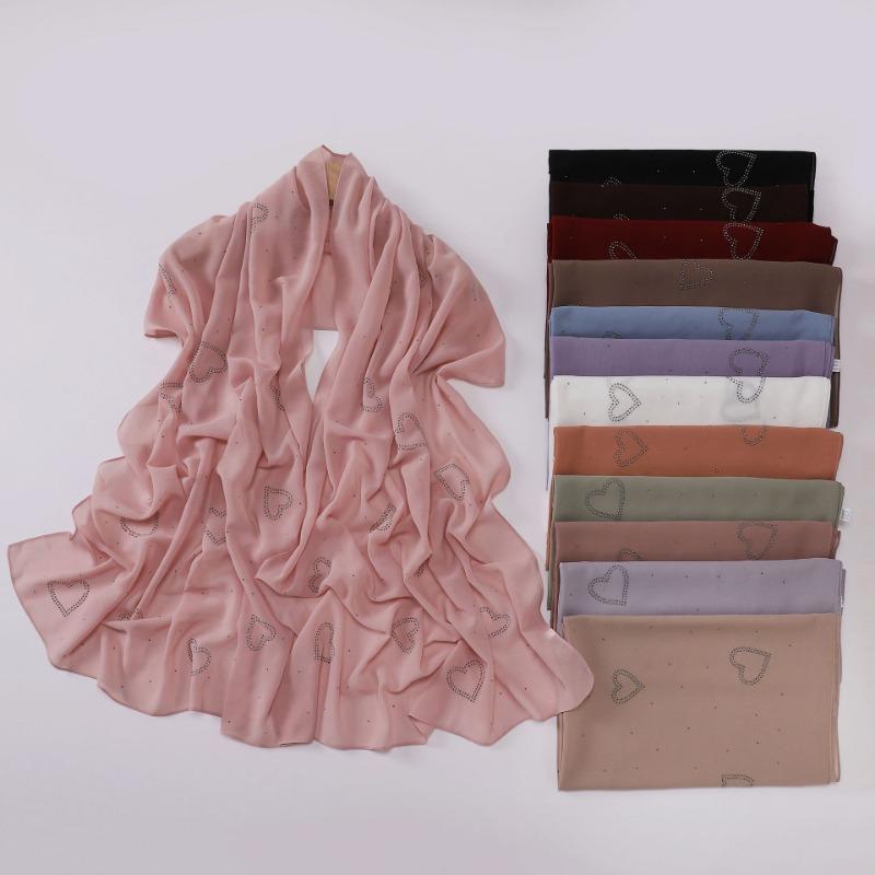 High Quality Chiffon Long Scarf With Heart Star Rhinestone Ethnic Headscarf