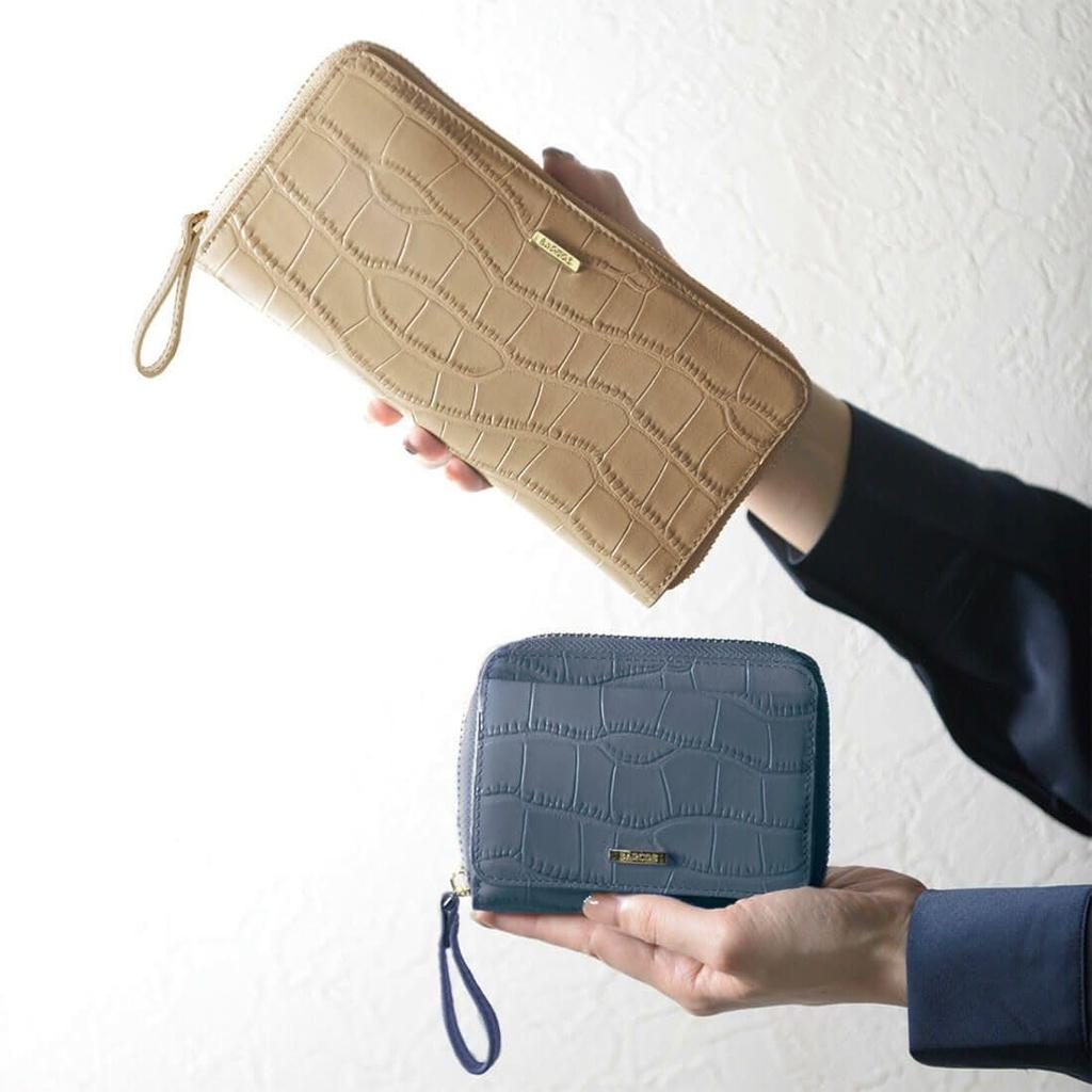 [Barcos] Long Wallet, Matte Leather, Crocodile Embossed, Round Shape, Card Slots, Trendy Muted Gray