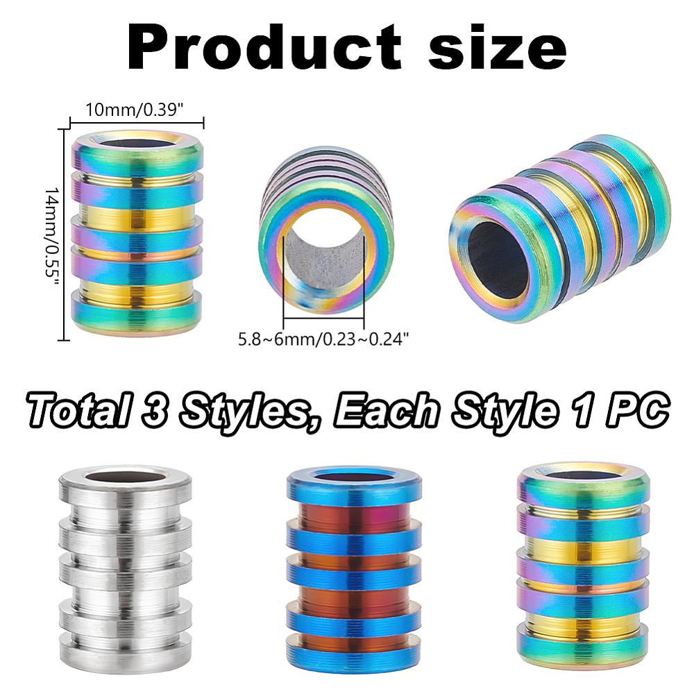 3Pcs 3 Style Titanium Alloy European Beads, Large Hole Beads, Grooved Beads, Column, Mixed Color, 14x10mm, Hole: 5.8~6mm, 1pc/style