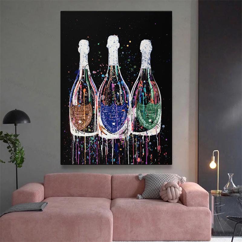Colorful Champagne Bottle Canvas Painting Modern Graffiti Pop Art Posters and Print Wall Cuadros for Living Room Home Decor