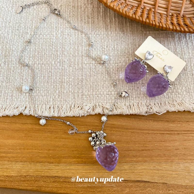 Sweet girl gradual change resin strawberry bow pearl earrings necklace set cute versatile dopamine jewelry