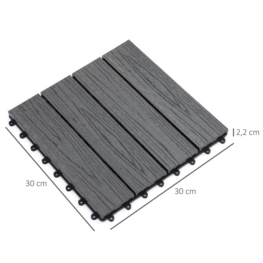 WPC Interlocking Decking Tiles, Pack of 11 Interlocking Patio Paving Slabs, 30 x 30 x 2.2 cm, Grey