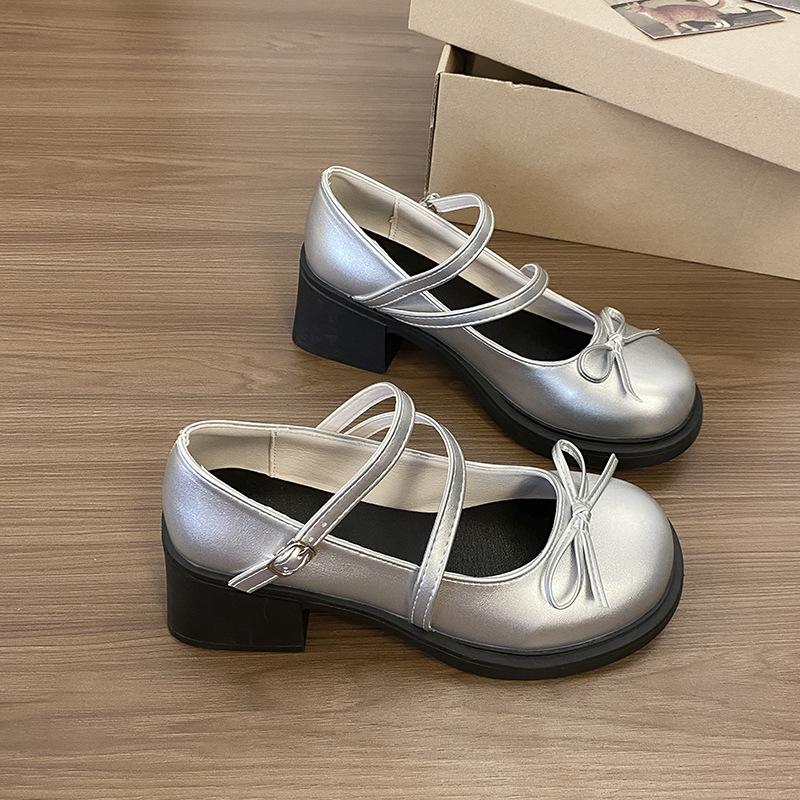 

Bow thick high-heeled small leather shoes women s 2025 summer new Japanese heightening French versatile Mary Jane women s single shoes 40 серебряный