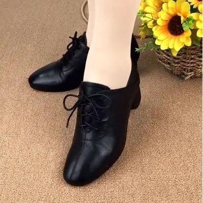 Soft Leather Single Shoes Women's Thick Heel Medium and Low Heel Women's Shoes Square Head Lace-up Black Leather Shoes