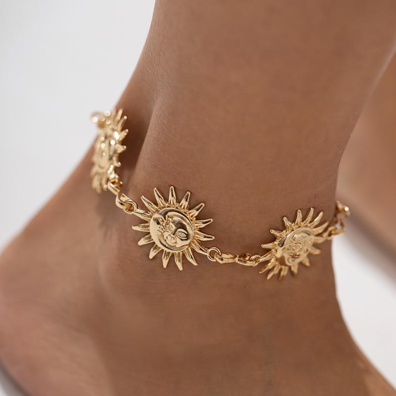 Salircon Vintage Sun Flower People Face Anklet Women Gold Color Elastic Foot Chain Summer Beach Party Female Jewelry