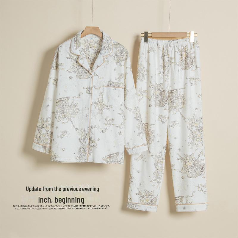 Women's Brushed Cotton French Pajamas - Comfy, Loose-Fit Long Sleeve Set for Spring & Autumn