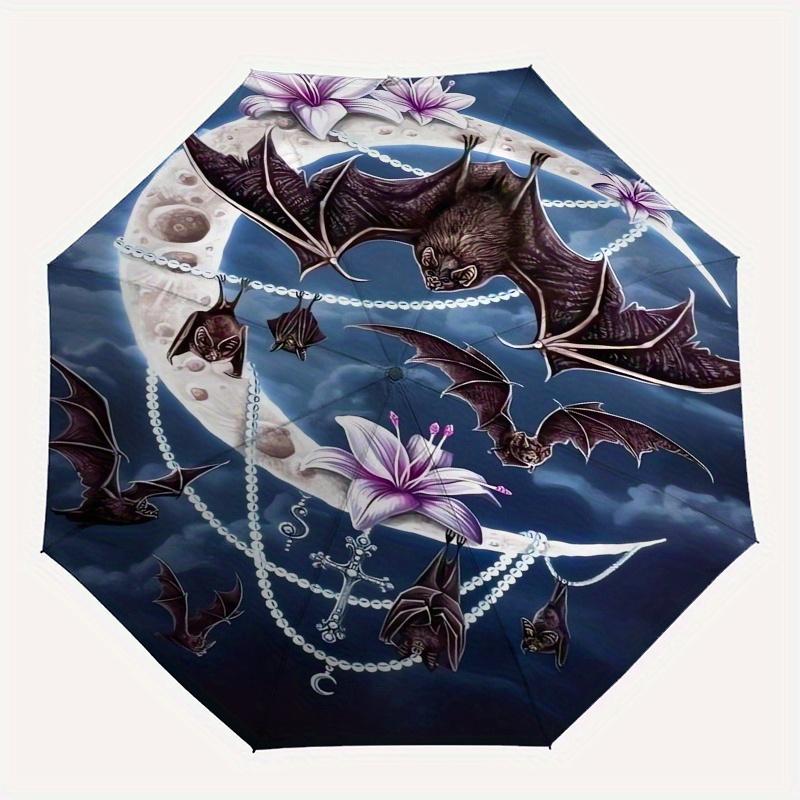 Bat Moon Automatic Folding Umbrella  8 Ribs, Durable Iron Frame, Bright Color Pattern Compact Travel Umbrella, Suitable for Outdoor, Beach a