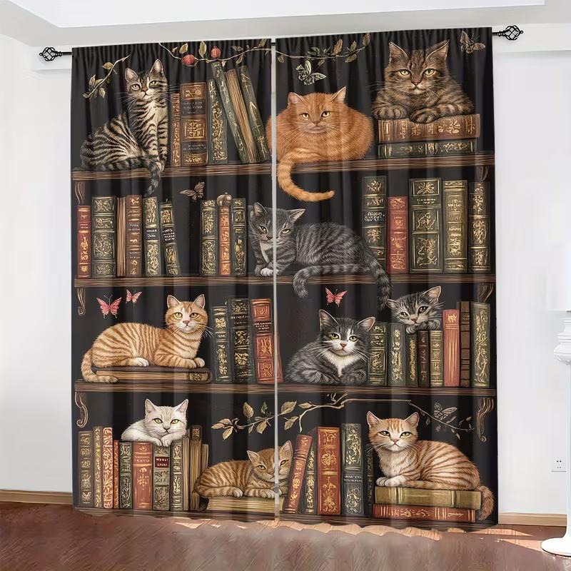 

2 Pcs Bookshelf and Cat print curtains,suitable for bedroom,living room kitchen decoration,home decoration,window decoration 14Wx39L(35x100CM)x2&Rod Pocket