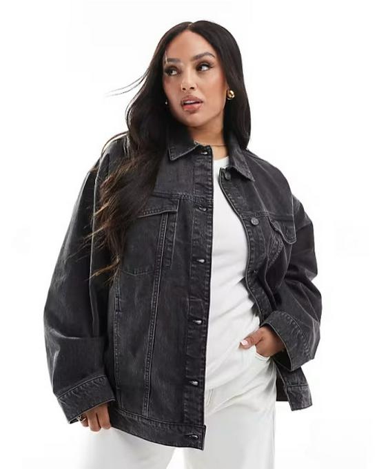 Women s Black Washed Loose Denim Casual Jacket 4XL