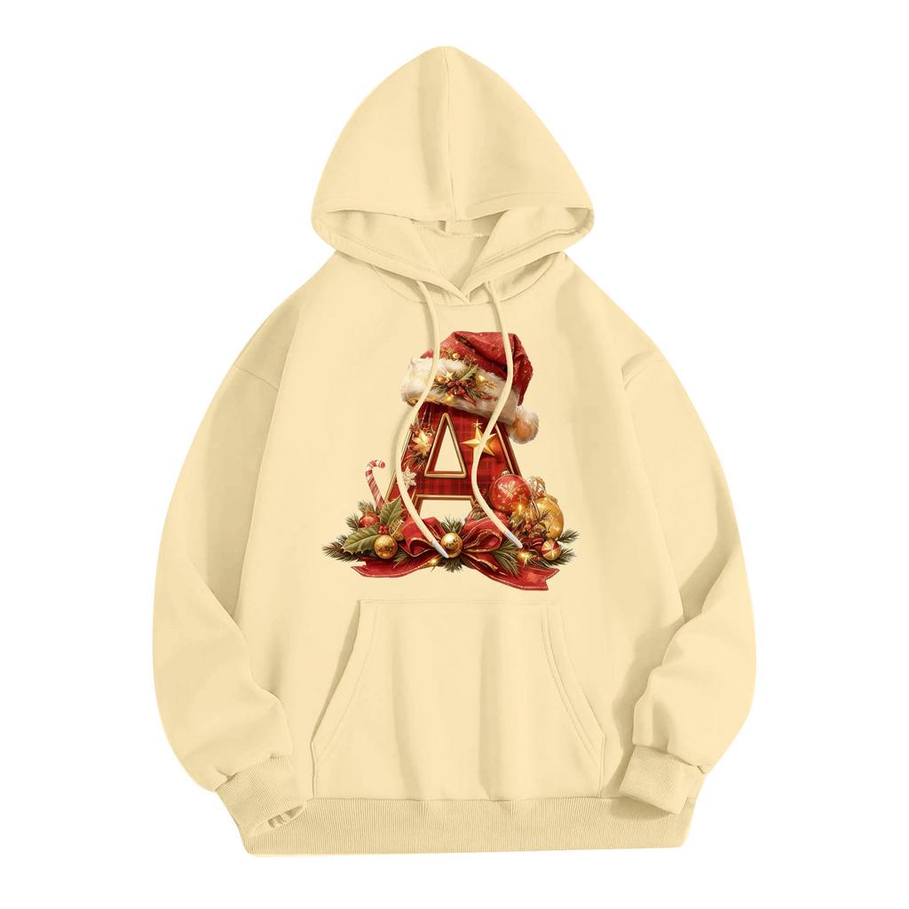 Women's Casual Comfortable Long-Sleeved Christmas Letter-Printed Warm Hooded Crew-Neck Sweatshirt