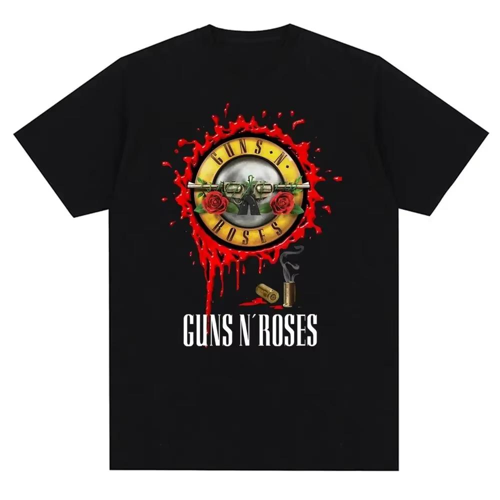 Gun and Rose Pattern Printed Tshirt Retro Rock Band Streetwear Summer Printed Pure Cotton Harajuku Retro Shortsleeved