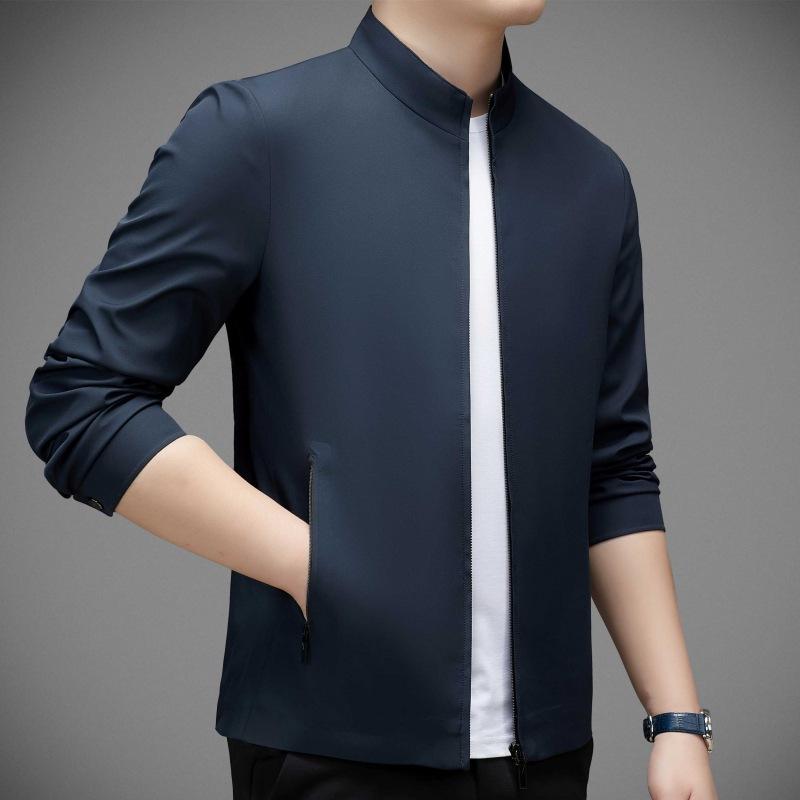 Frühlings- und Herbst-Maulbeerseidenjacke Herren Mittleren Alters und Alter Dad Freizeit-Oberteil Locker Stehkragen Dünne Herrenjacke