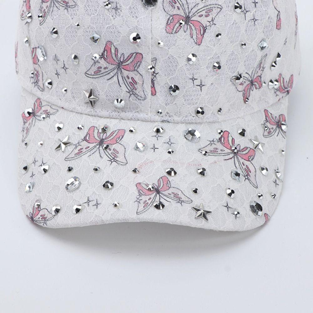 Lace Bow-Knot Rhinestone Baseball Cap Adjustable Lightweight Women'S Sun Hat Sun Protection All-Match Beach Hat Spring Summer