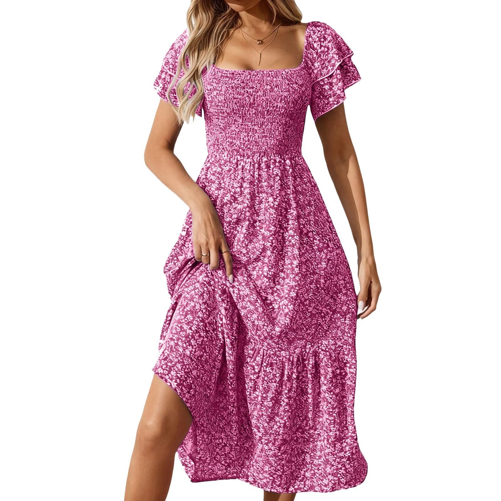 Fashionable Women s Square Neck Puff Sleeve Floral Dress Long Skirt XXL розовый