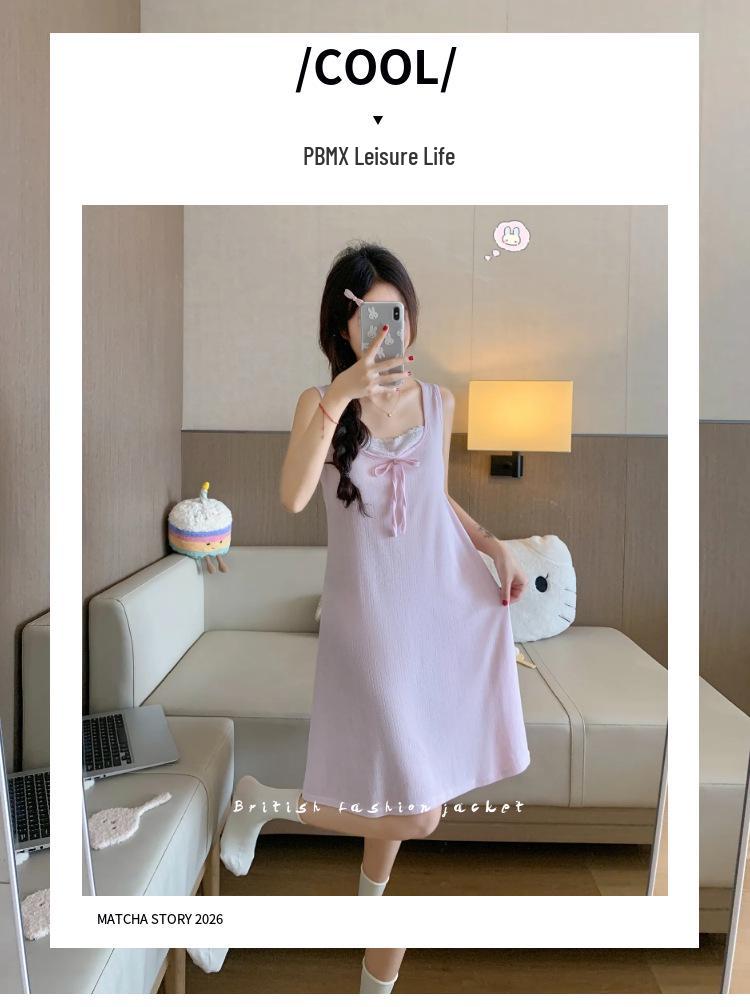 2026 Summer Blue Sleeveless Nightgown with Chest Pads - Women's Sweet Pure Desire Style