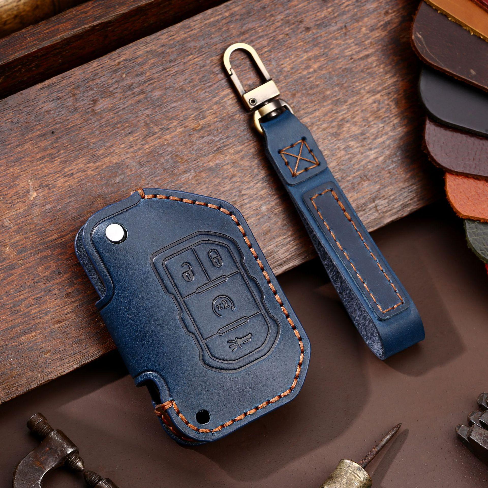 

New Luxury Leather Car Key Case Cover Fob Accessories for Jeep Wrangler 4 Button 2018 2019 JL JLU Flip Keychain Holder Keyring